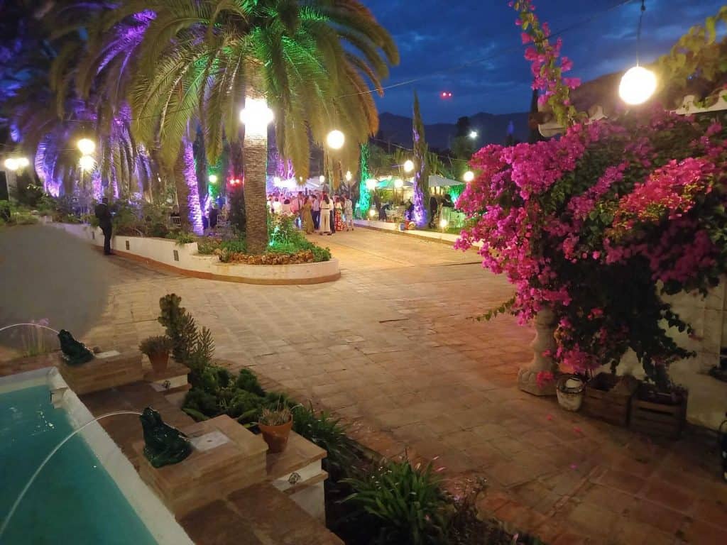 Image Hacienda Del Cura Malaga illuminated at night with view of lucious palms and trees with guests in background.